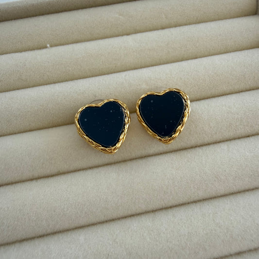 Black Heart Stud Earrings with Gold Detailing