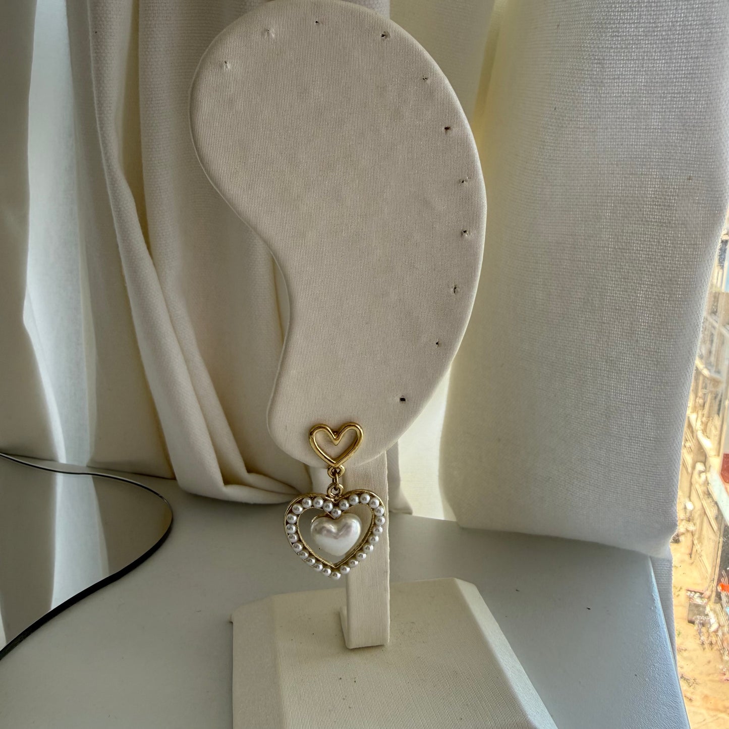 Double Heart Pearl Drop Earrings