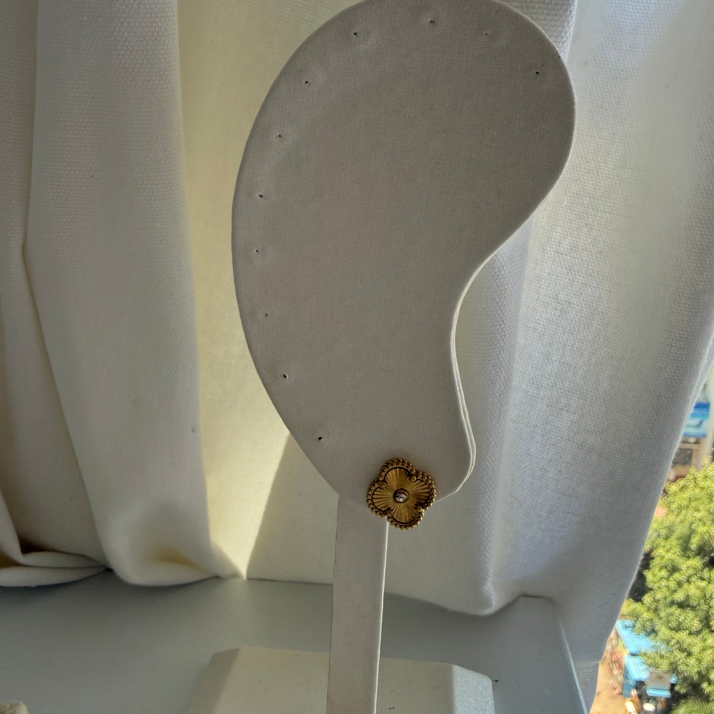 Clover gold Stud Earrings with Crystal Center