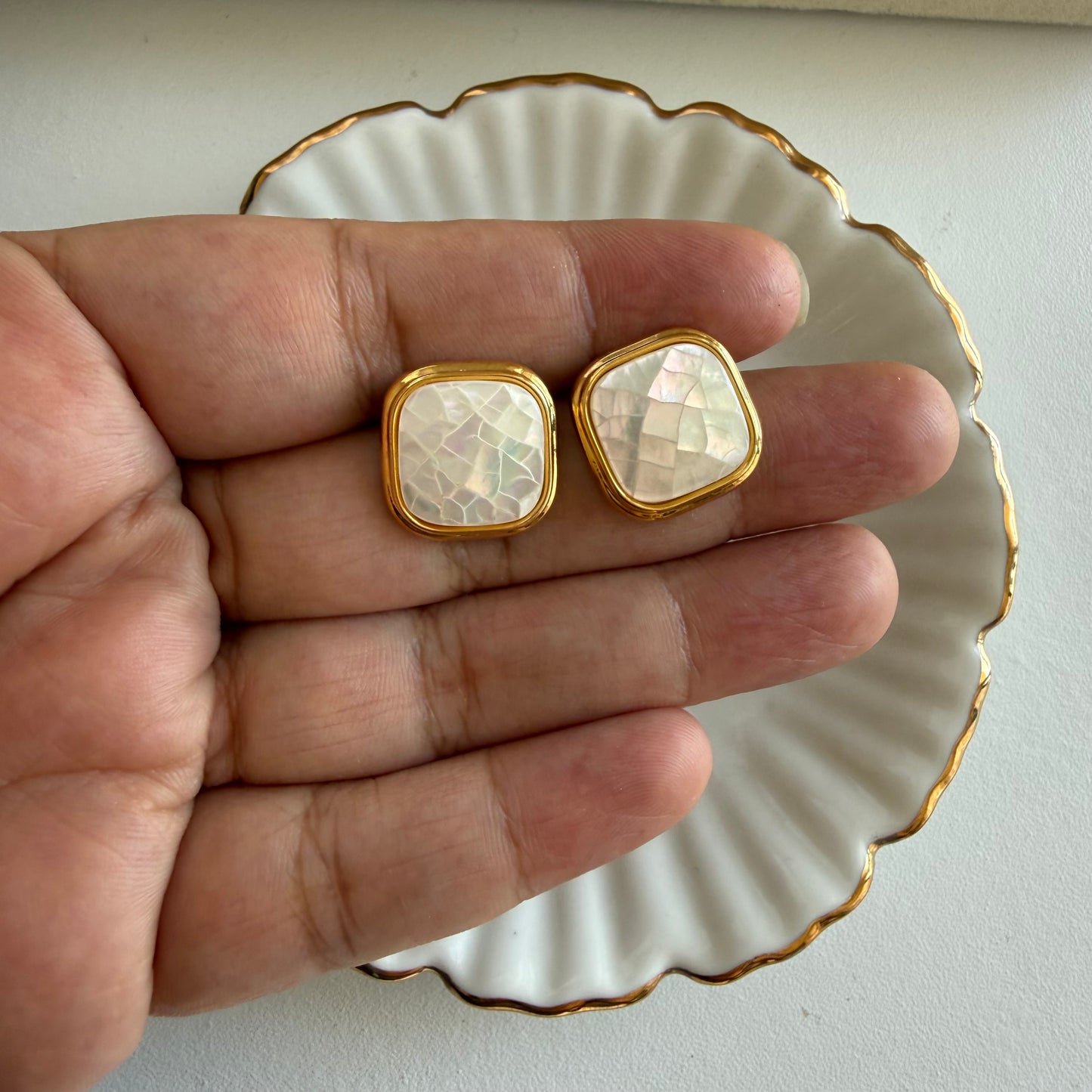 Gold Mother of Pearl Square Stud Earrings