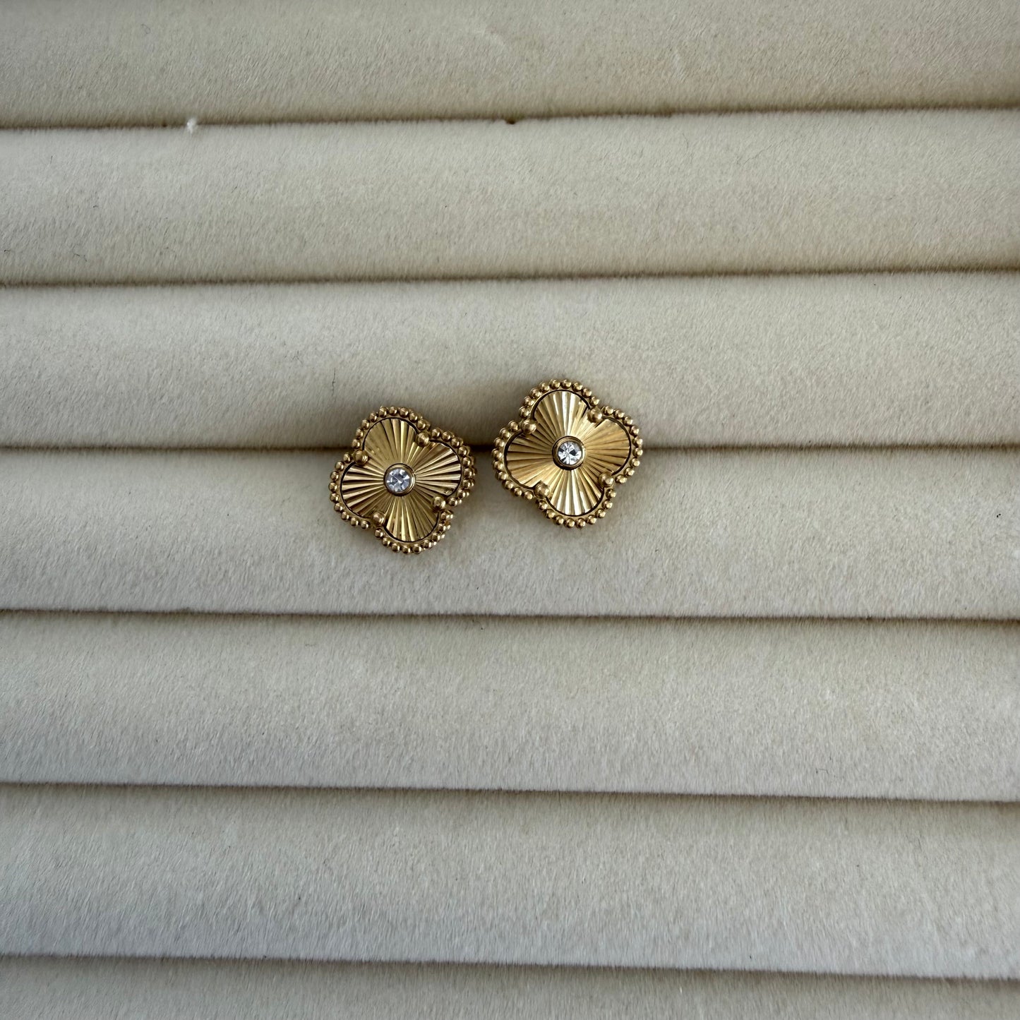Clover gold Stud Earrings with Crystal Center
