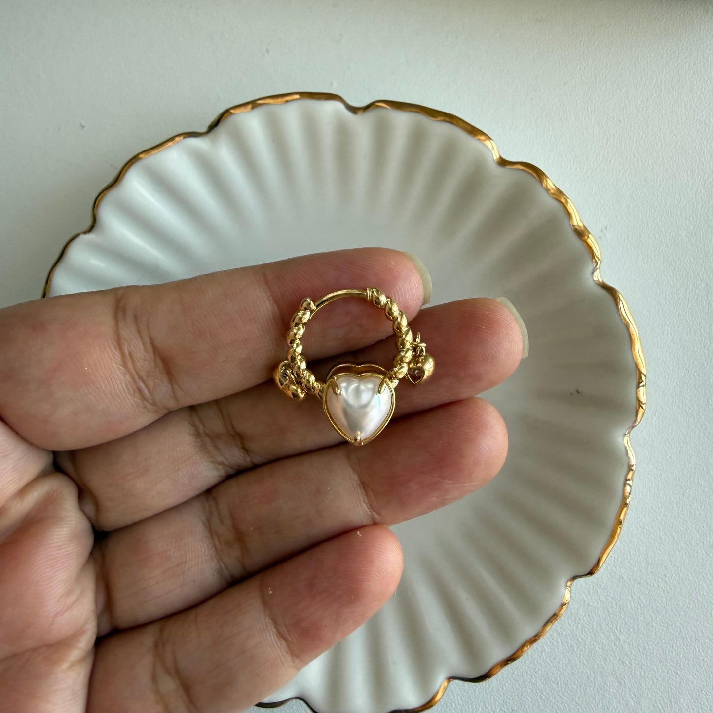 Gold Pearl Heart Hoop Earrings