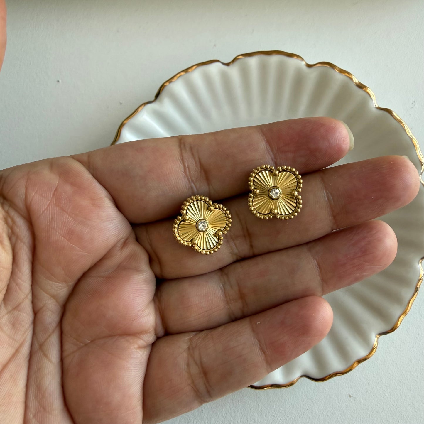 Clover gold Stud Earrings with Crystal Center