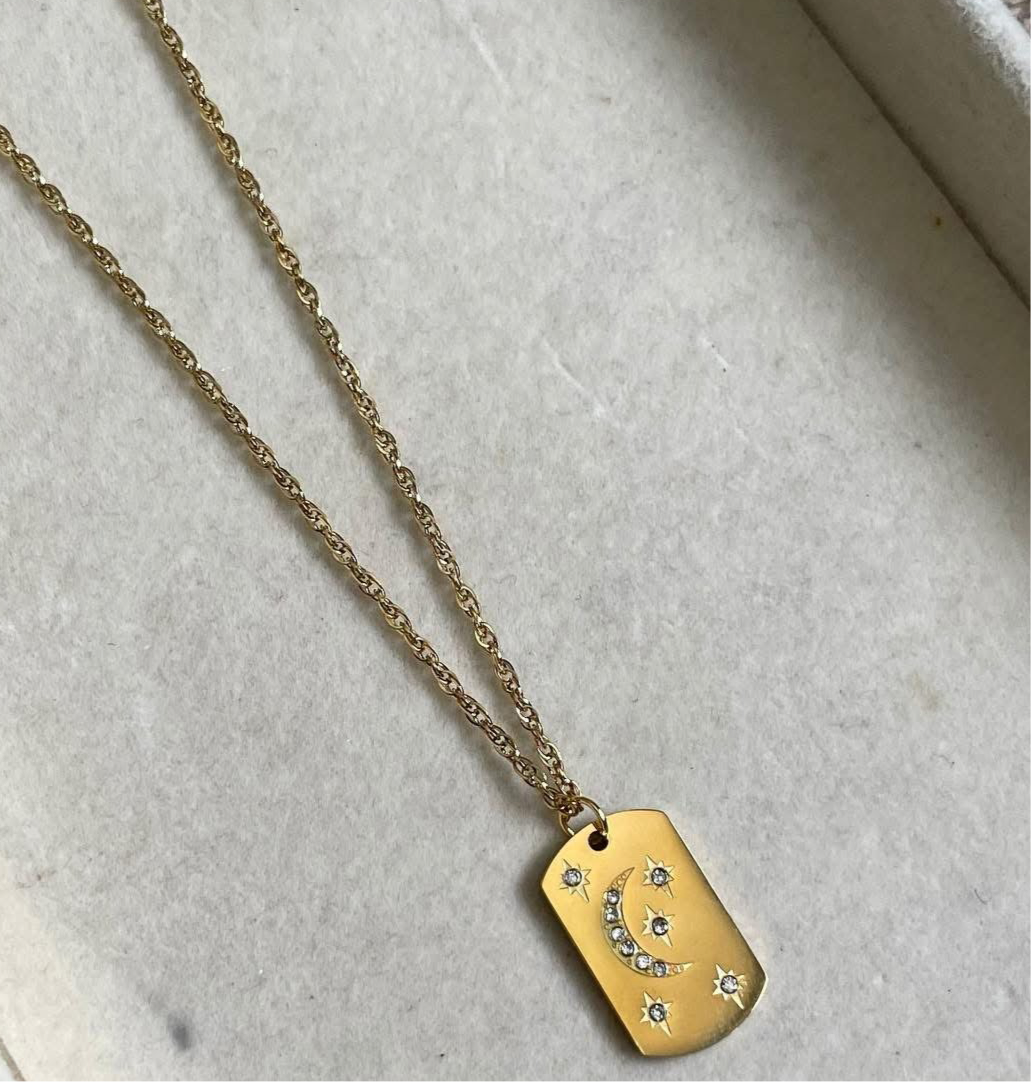Crescent Moon & Stars Gold Pendant Necklace