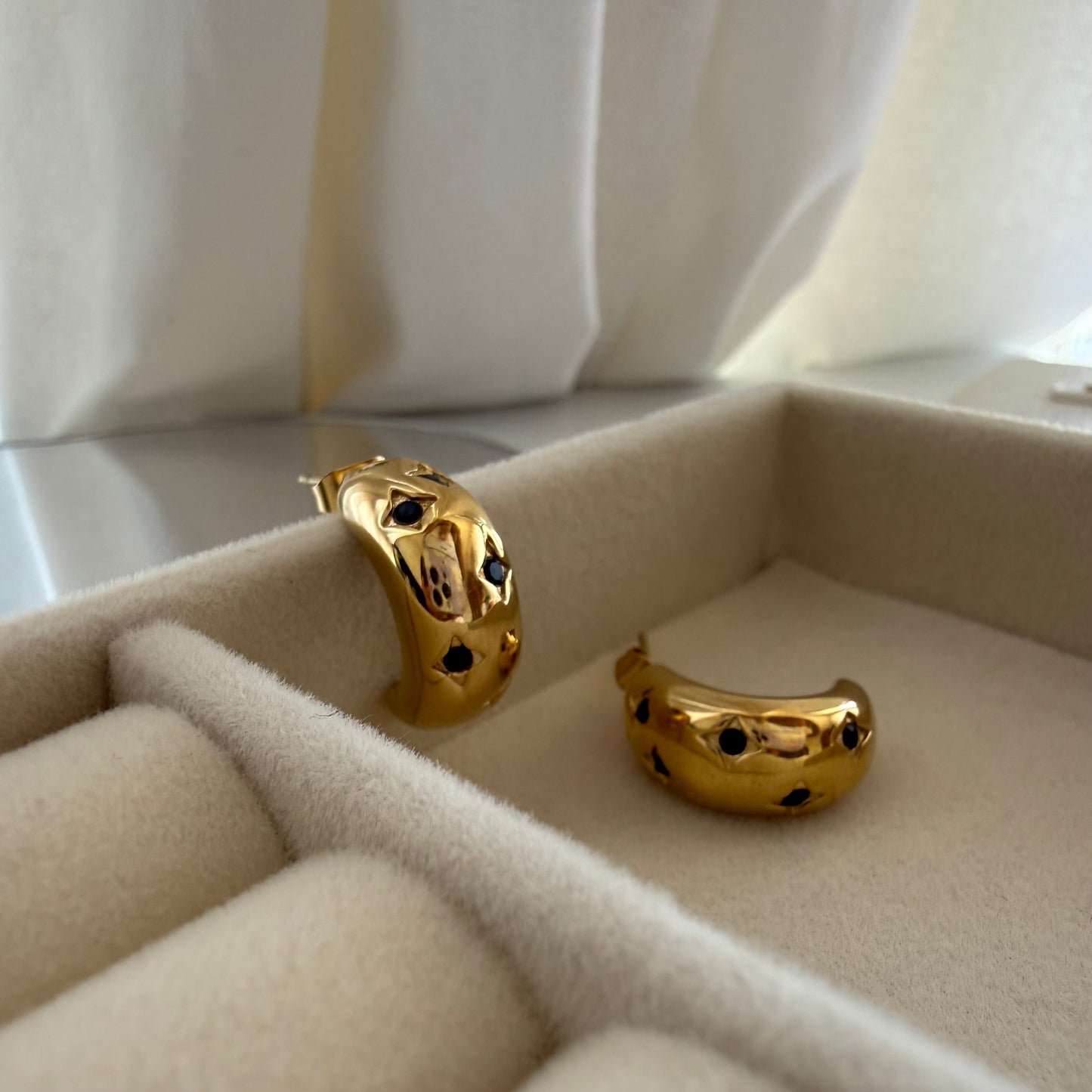 Gold Huggie Hoop Earrings with Emerald Stone