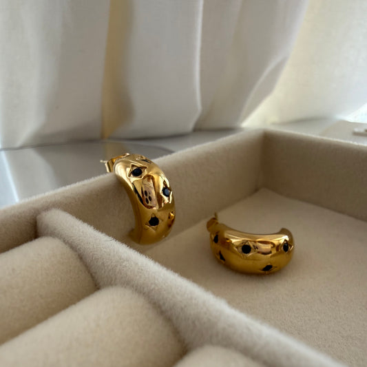 Gold Huggie Hoop Earrings with Emerald Stone