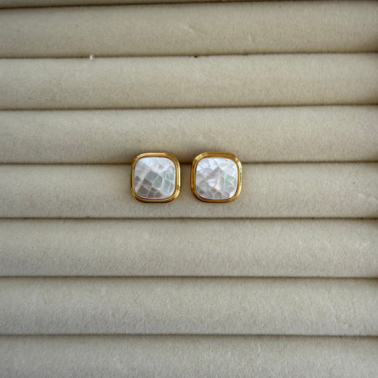 Gold Mother of Pearl Square Stud Earrings