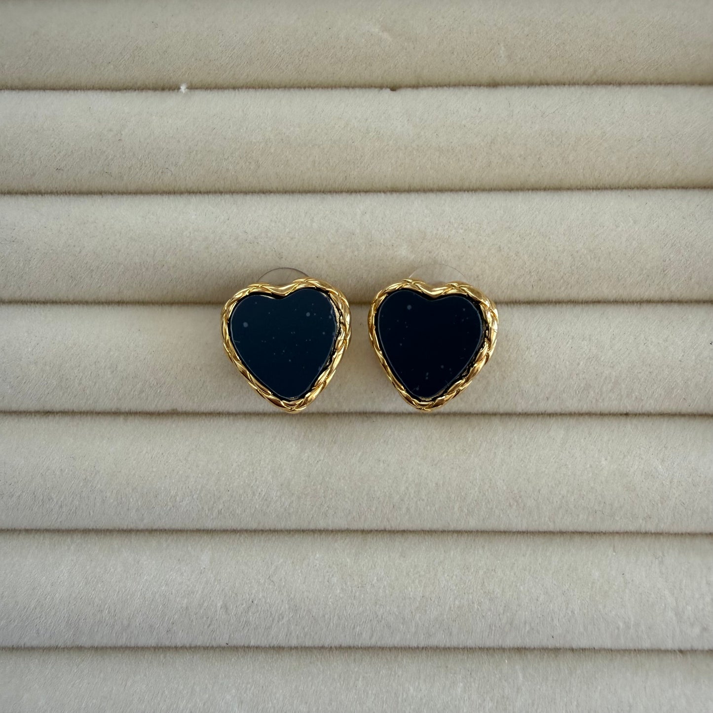 Black Heart Stud Earrings with Gold Detailing