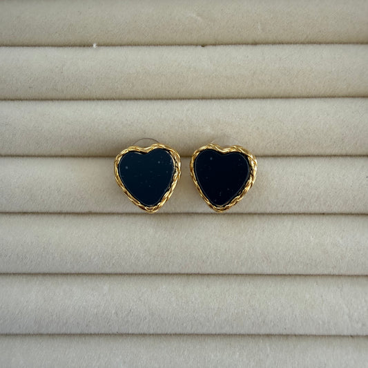 Black Heart Stud Earrings with Gold Detailing