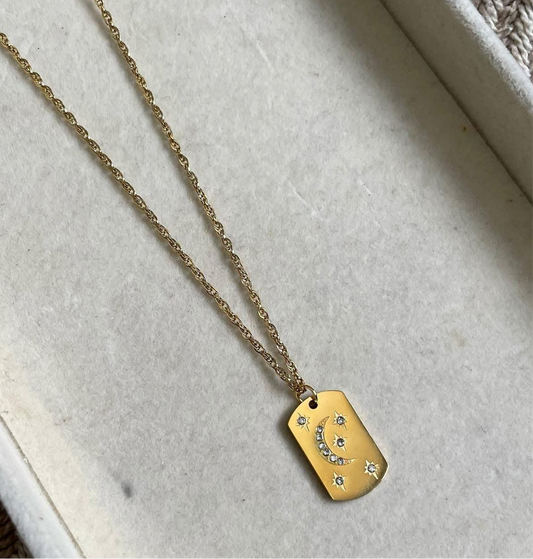 Crescent Moon & Stars Gold Pendant Necklace