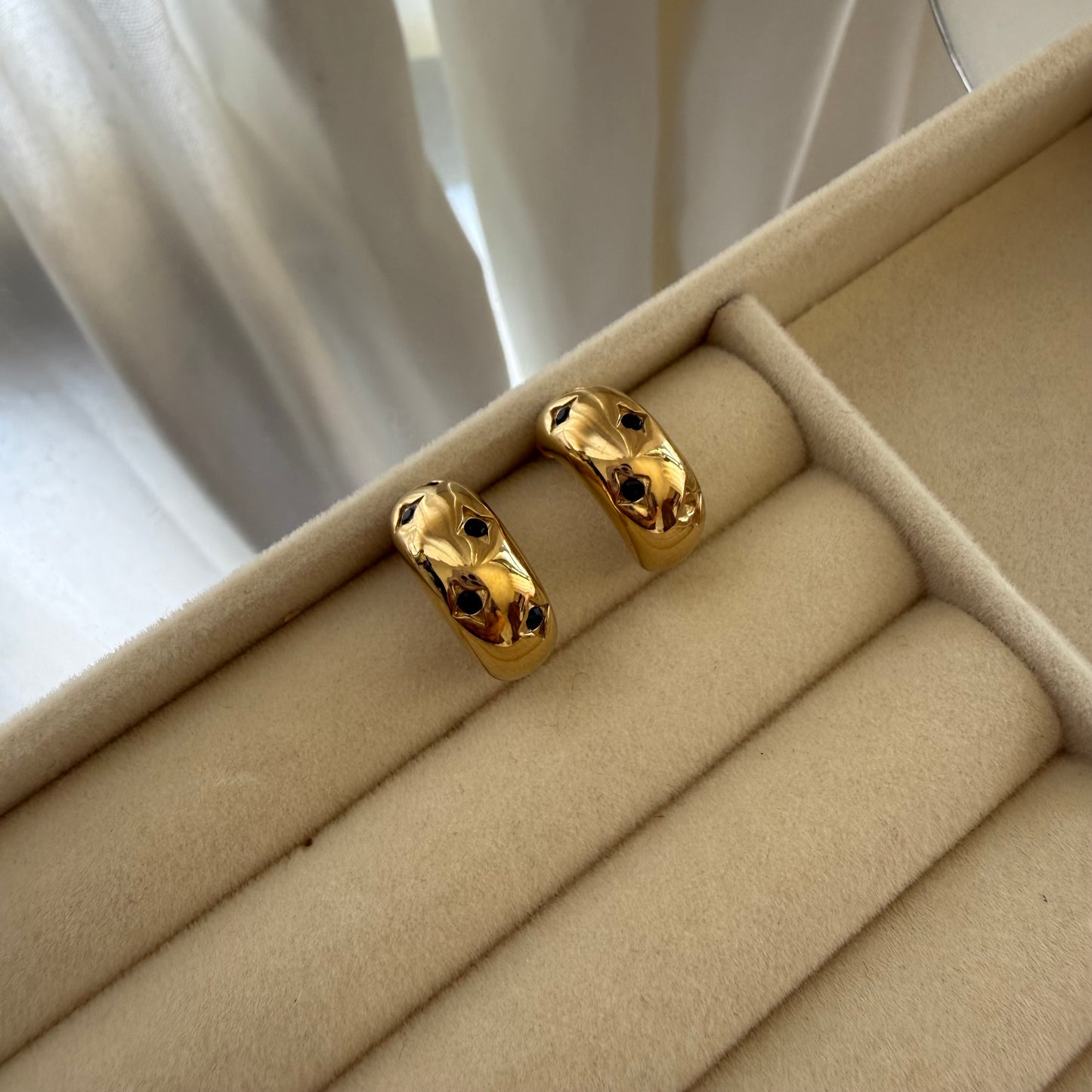 Gold Huggie Hoop Earrings with Emerald Stone