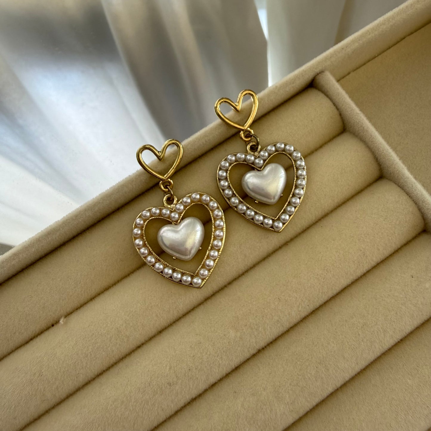 Double Heart Pearl Drop Earrings