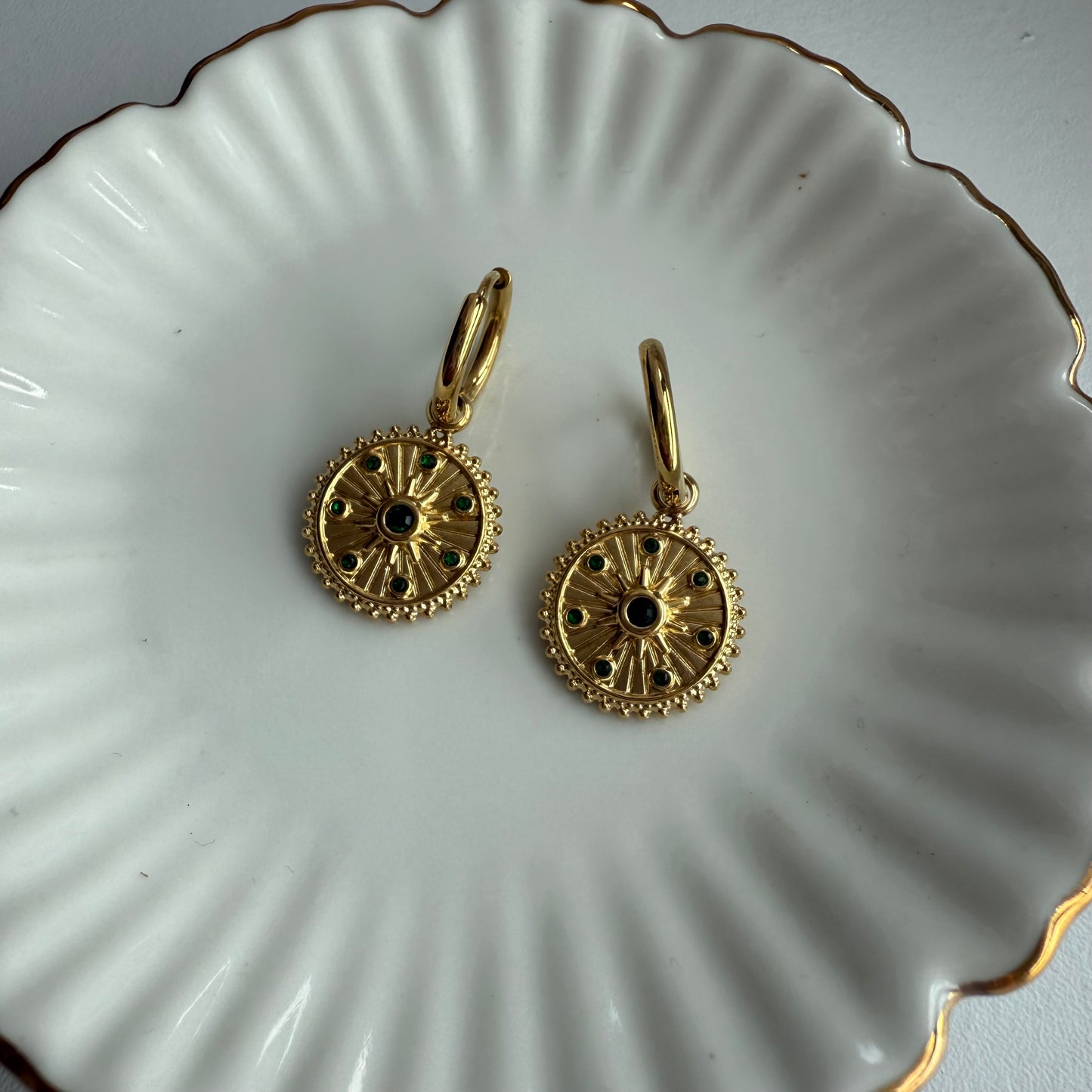 Emerald green stone dainty Huggies earrings