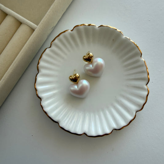 Gold Heart Pearl Drop Earrings
