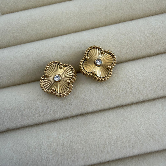 Clover gold Stud Earrings with Crystal Center