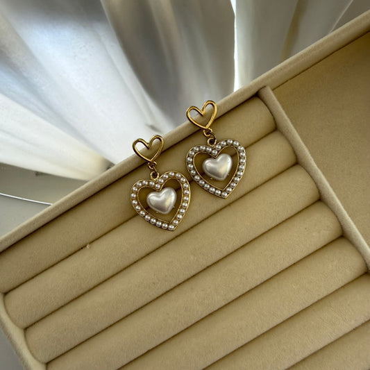 Double Heart Pearl Drop Earrings