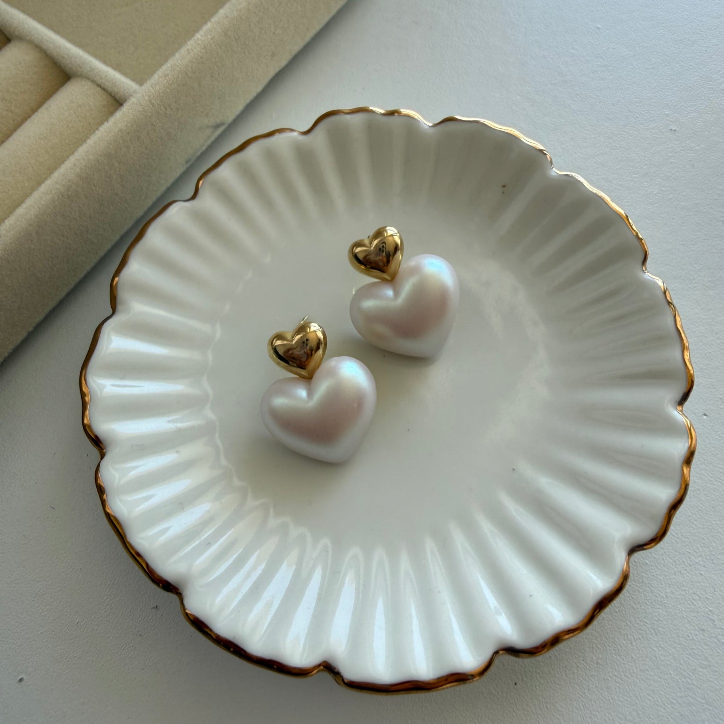 Gold Heart Pearl Drop Earrings